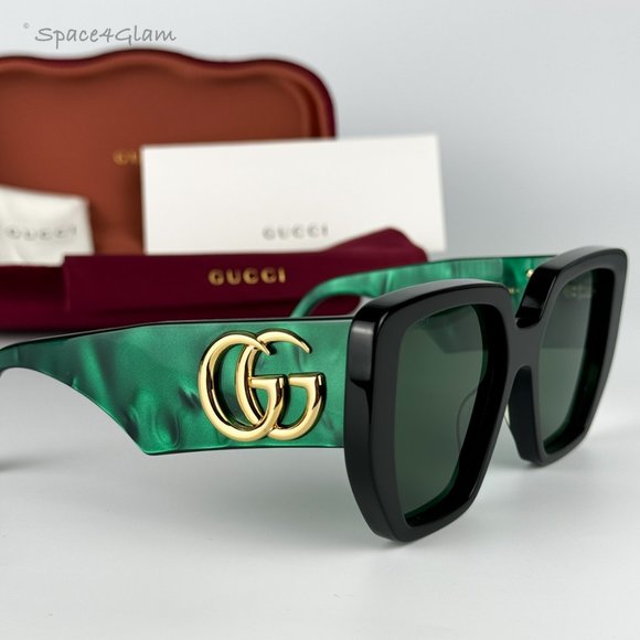 NEW Gucci GG0956S LOGO 001 Black Gold Green Rectangle Oversized Unisex Sunglasse - Picture 5 of 11